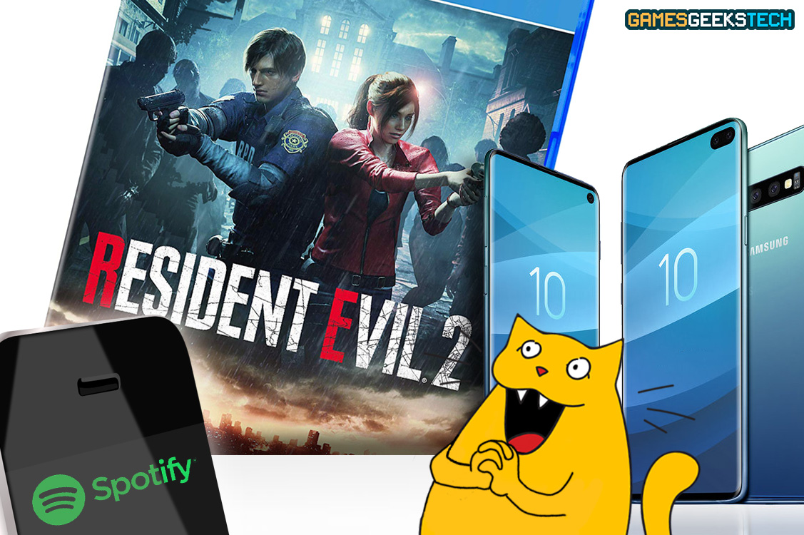 GGT's cat mascot Gus looks happily at the Resident Evil 2 remake, a phone with Spotify on it, and the new Samsung S10 series.