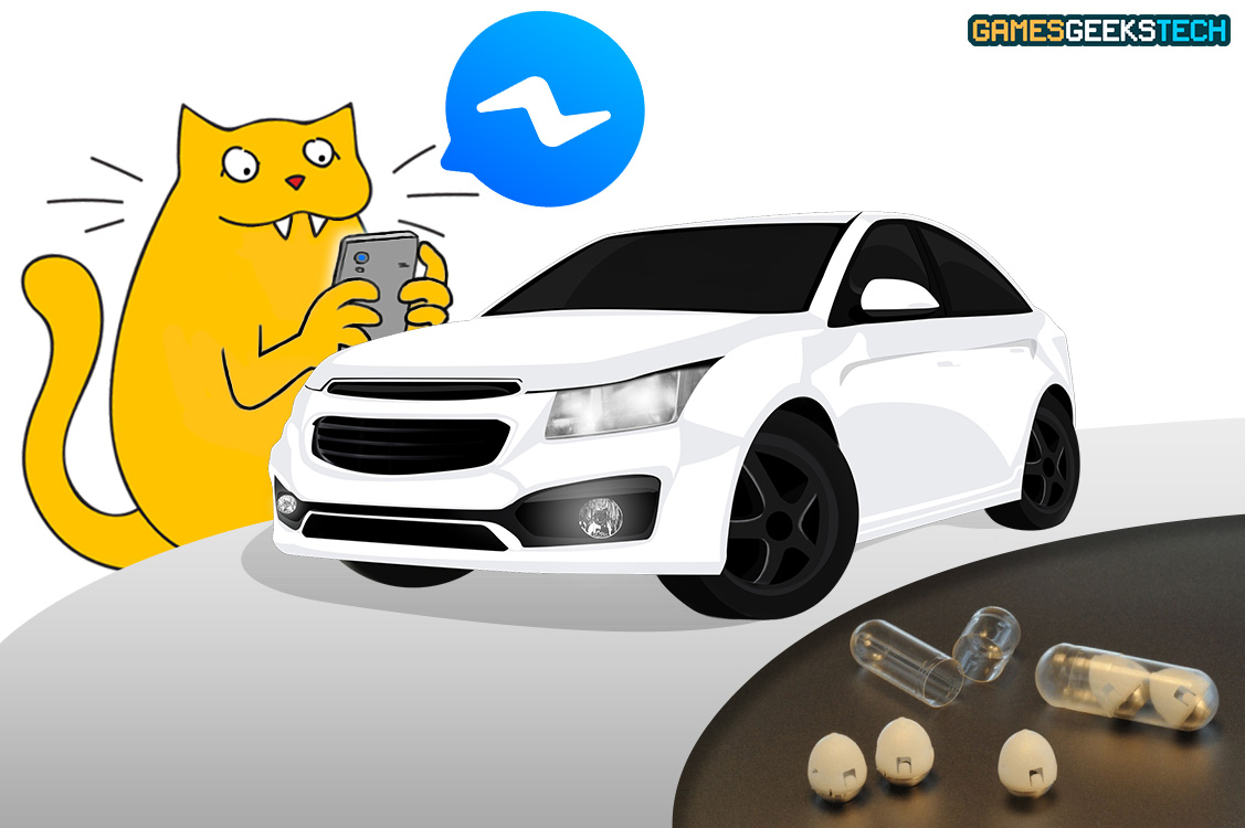 Yellow cat, GGT Gus, on his phone texting on Facebook Messenger while a white car drives by and pills sit under the road.