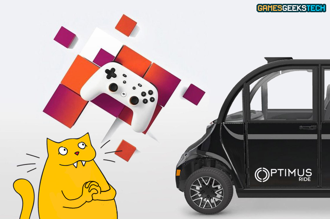 The GGT mascot cat smiles at images of Google Stadia and a self-driving car