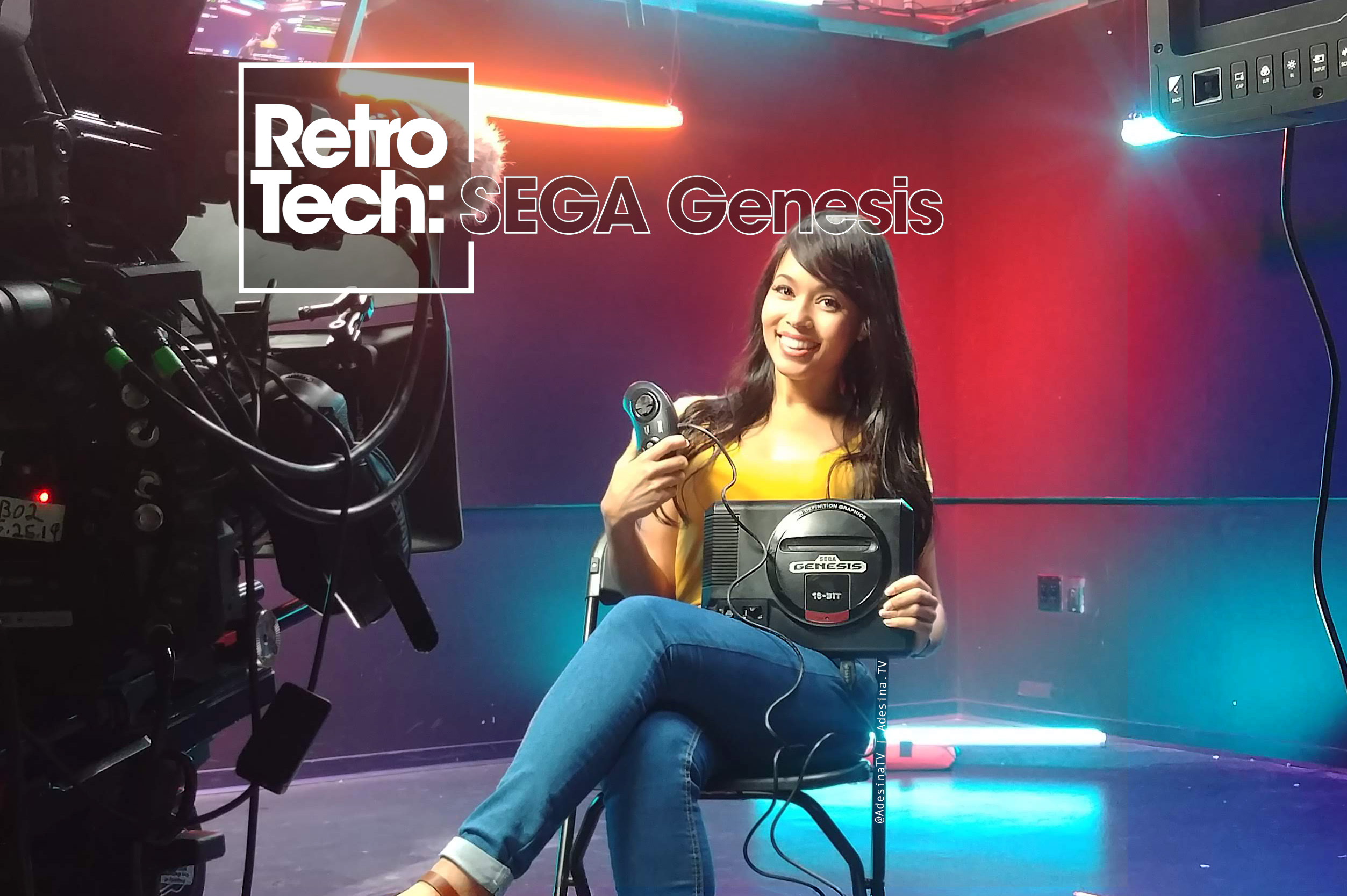 Adesina Sanchez holds a Sega Genesis while on set